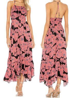 Free People Womens Heatwave Black Combo Pink Floral Printed Maxi Dress M
